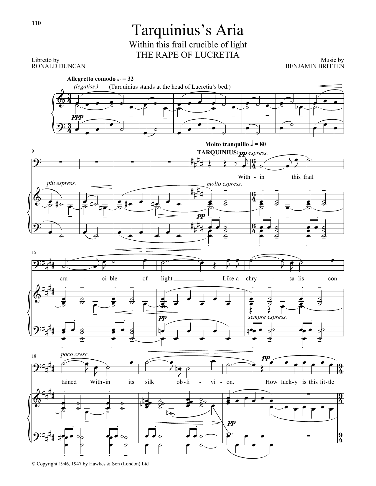 Benjamin Britten Tarquinius's Aria (Within this frail crucible of light) (from The Rape Of Lucretia) sheet music notes and chords arranged for Piano & Vocal