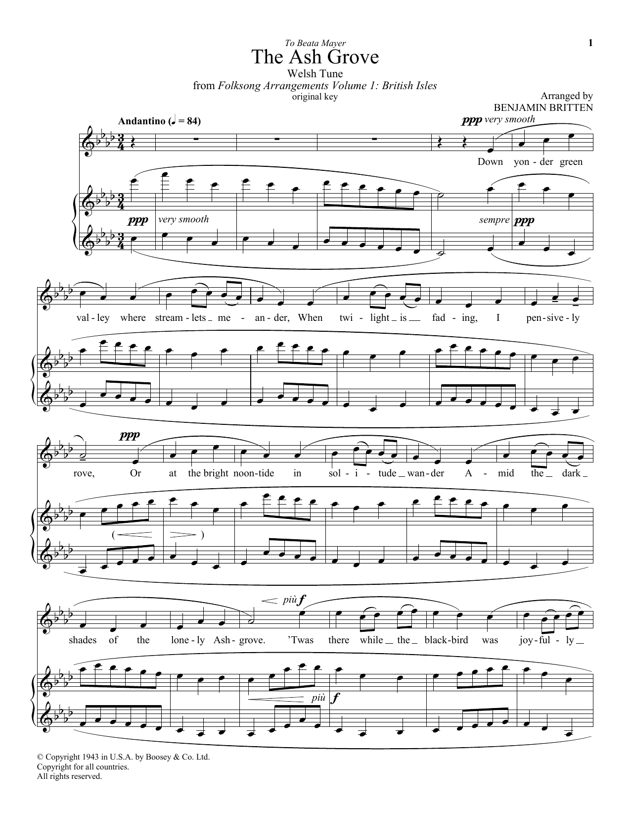 Benjamin Britten The Ash Grove sheet music notes and chords arranged for Piano & Vocal