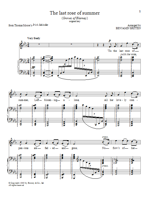 Benjamin Britten The last rose of summer sheet music notes and chords arranged for Piano & Vocal