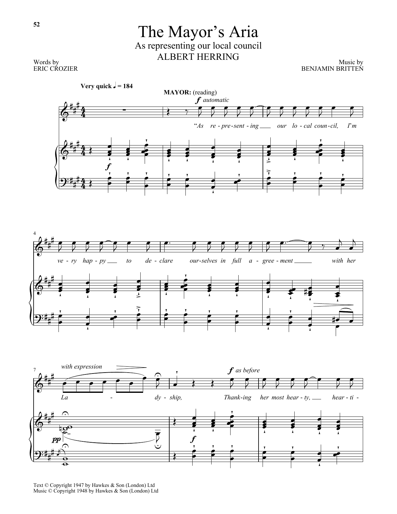 Benjamin Britten The Mayor's Aria (from Albert Herring) sheet music notes and chords arranged for Piano & Vocal