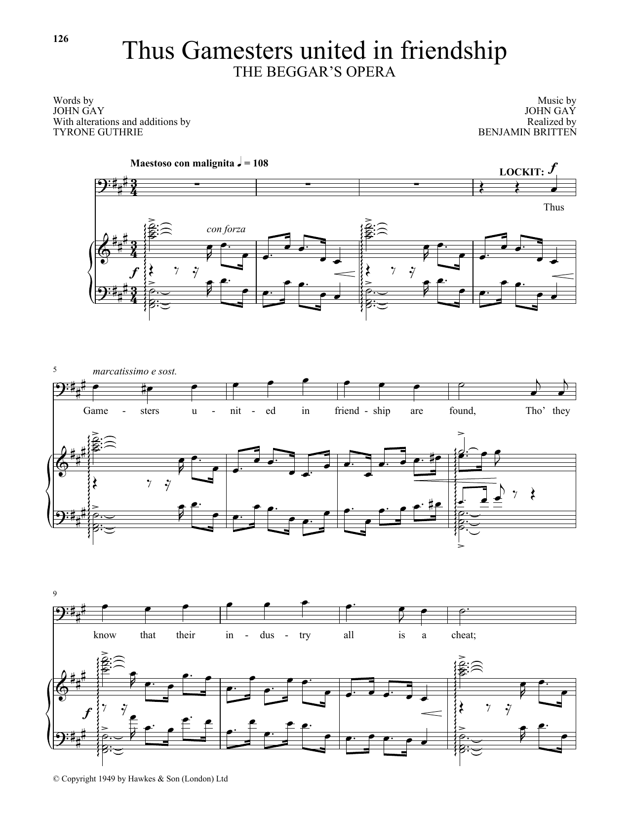 Benjamin Britten Thus Gamesters united in friendship (from The Beggar's Opera) sheet music notes and chords arranged for Piano & Vocal