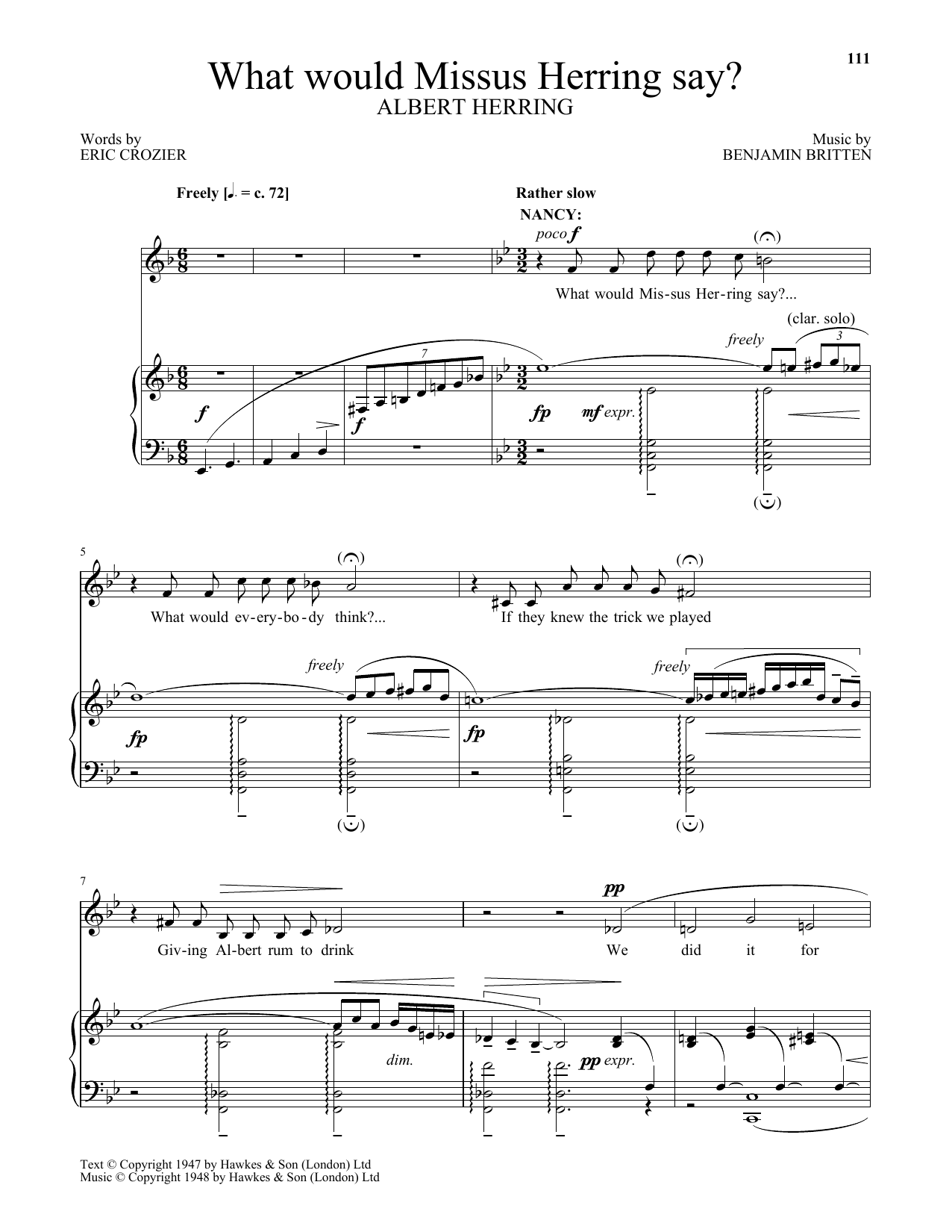 Benjamin Britten What would Missus Herring say? (from Albert Herring) sheet music notes and chords arranged for Piano & Vocal