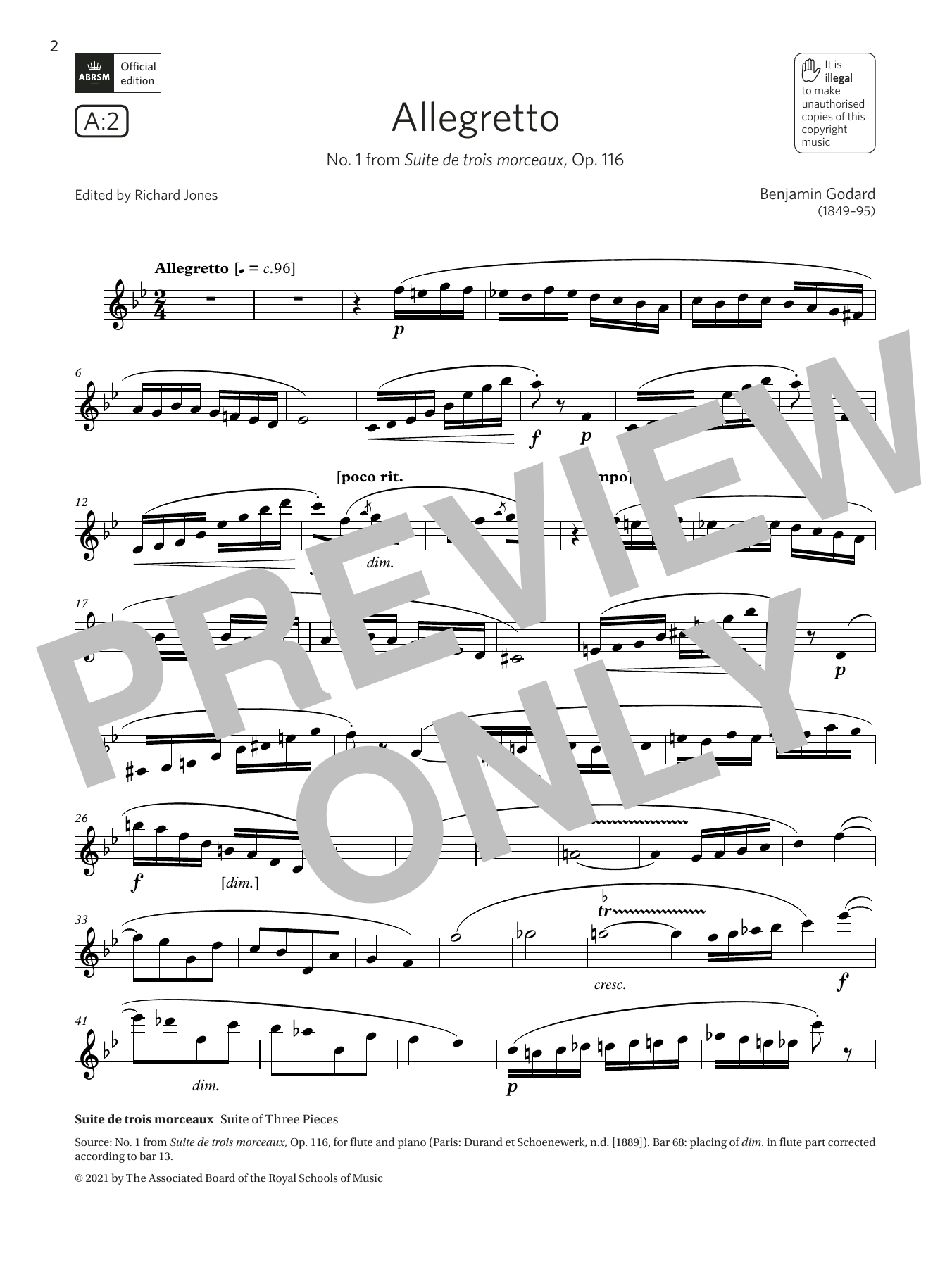 Benjamin Godard Allegretto (from Suite de trois morceaux) (Grade 6 List A2 from the ABRSM Flute syllabus from 2022) sheet music notes and chords arranged for Flute Solo