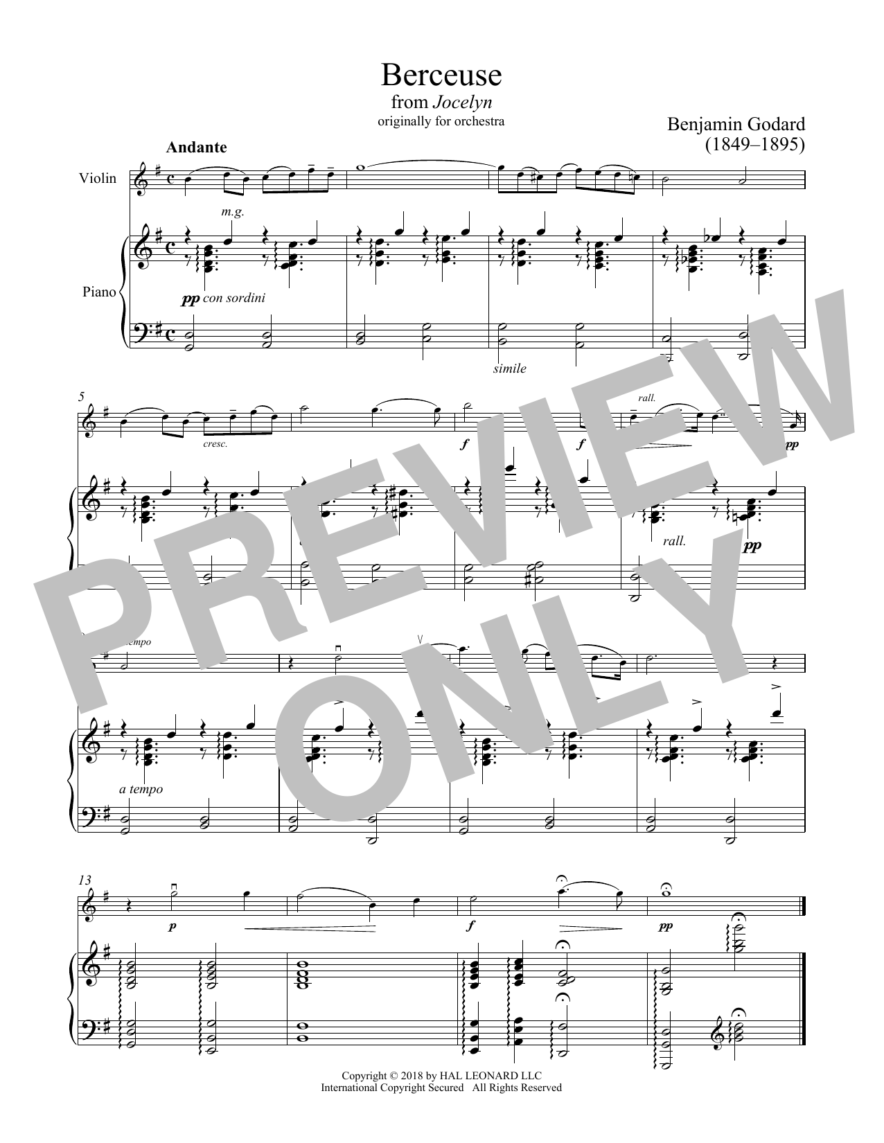 Benjamin Godard Berceuse sheet music notes and chords arranged for Piano Solo