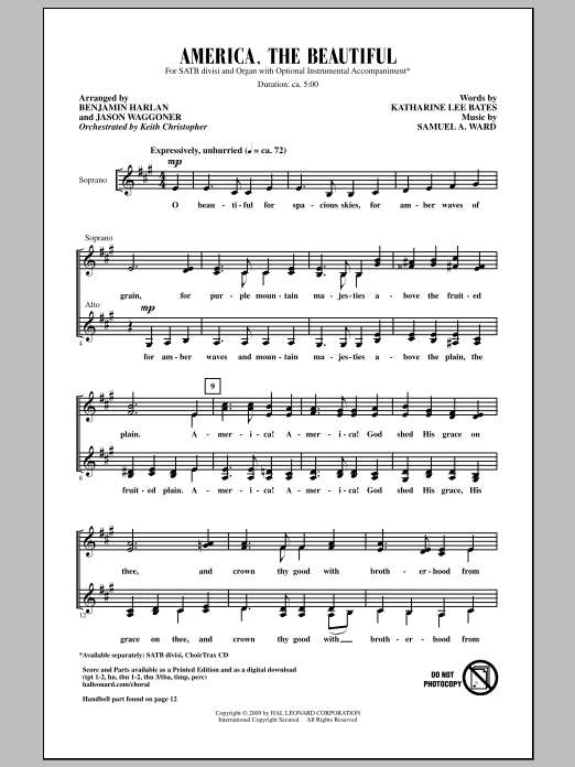 Benjamin Harlan America, The Beautiful sheet music notes and chords arranged for SATB Choir