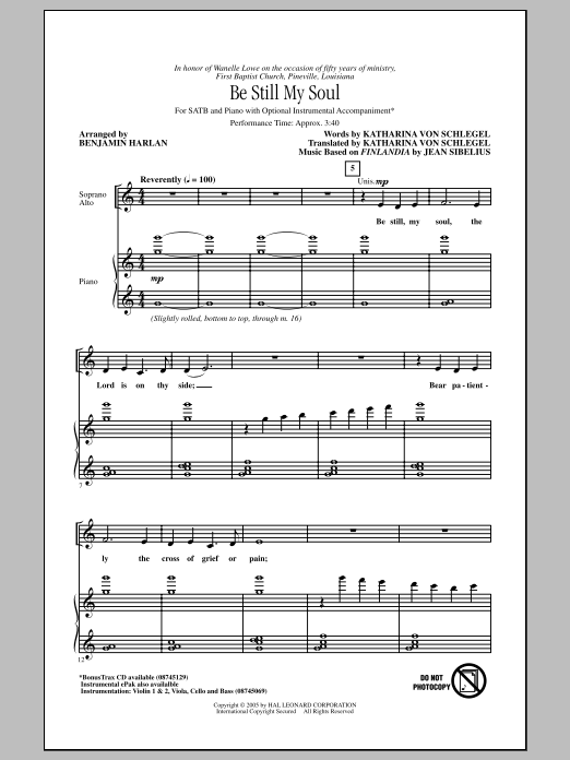 Benjamin Harlan Be Still My Soul sheet music notes and chords arranged for SATB Choir