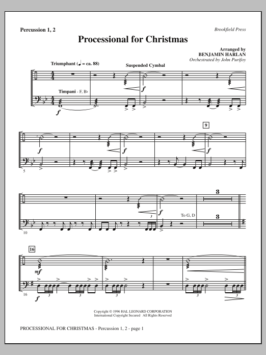 Benjamin Harlan Processional For Christmas - Percussion 1 & 2 sheet music notes and chords arranged for Choir Instrumental Pak