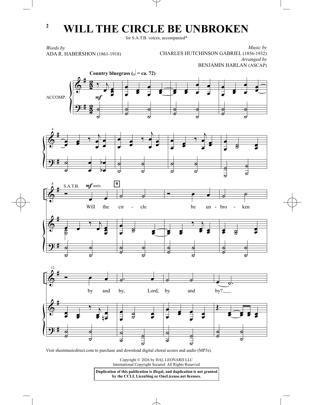 Benjamin Harlan Will The Circle Be Unbroken sheet music notes and chords arranged for SATB Choir