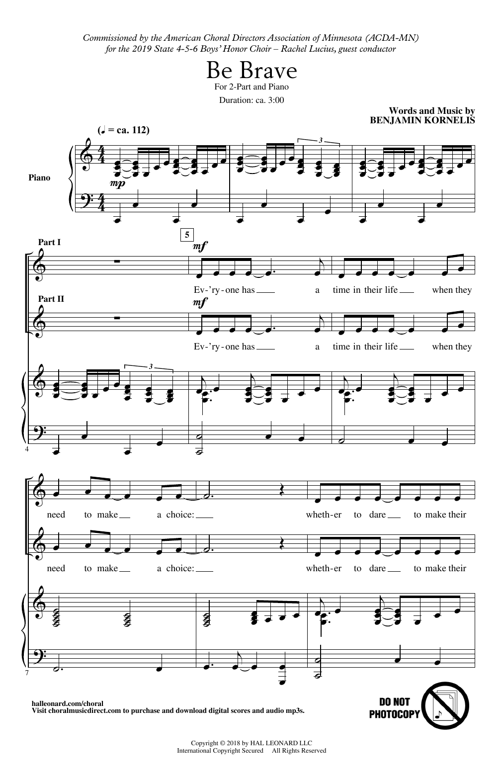 Benjamin Kornelis Be Brave! sheet music notes and chords arranged for 2-Part Choir