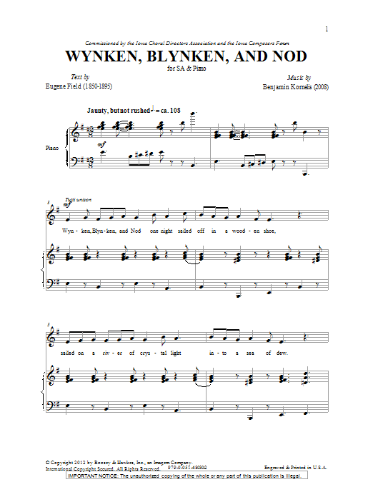 Benjamin Kornelis Wynken, Blynken And Nod sheet music notes and chords arranged for 2-Part Choir