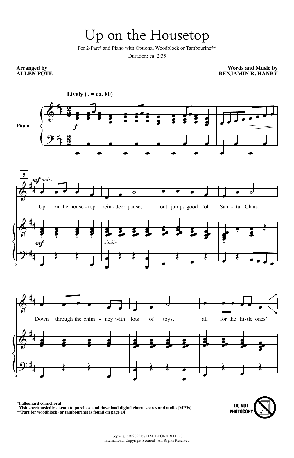 Benjamin R. Hanby Up On The Housetop (arr. Allen Pote) sheet music notes and chords arranged for 2-Part Choir