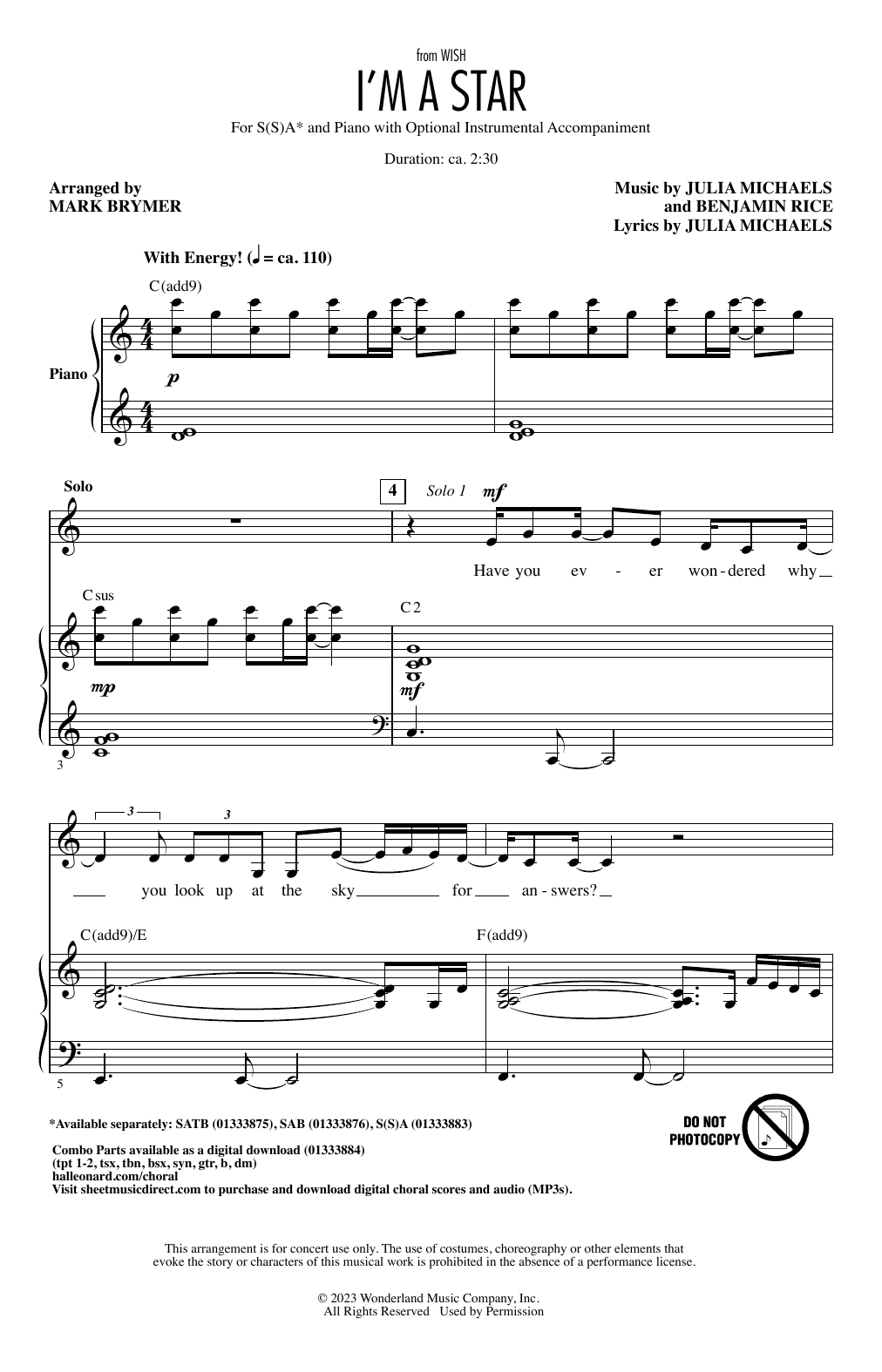Benjamin Rice and Julia Michaels I'm A Star (from Wish) (arr. Mark Brymer) sheet music notes and chords arranged for Choir