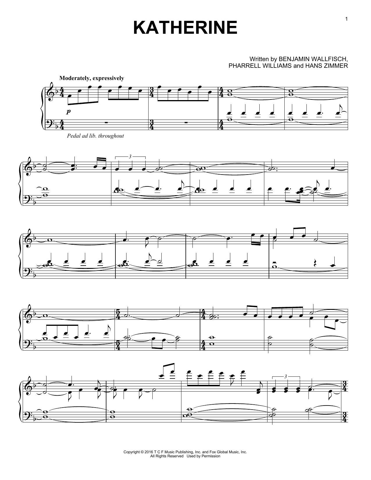 Benjamin Wallfisch Katherine sheet music notes and chords arranged for Piano, Vocal & Guitar Chords (Right-Hand Melody)