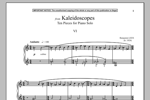 Benjamin Lees Kaleidoscopes, Ten Pieces For Piano Solo, VI. sheet music notes and chords arranged for Piano Solo