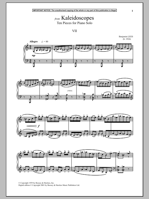 Benjamin Lees Kaleidoscopes, Ten Pieces For Piano Solo, VII. sheet music notes and chords arranged for Piano Solo