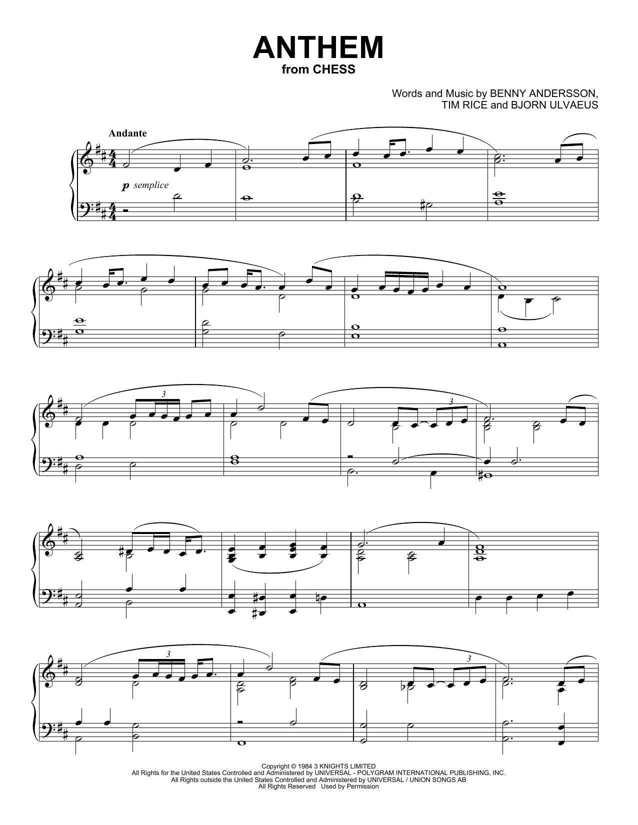 Benny Andersson & Bjorn Ulvaeus Anthem (from Chess) (Peaceful Piano Solo) sheet music notes and chords arranged for Piano Solo