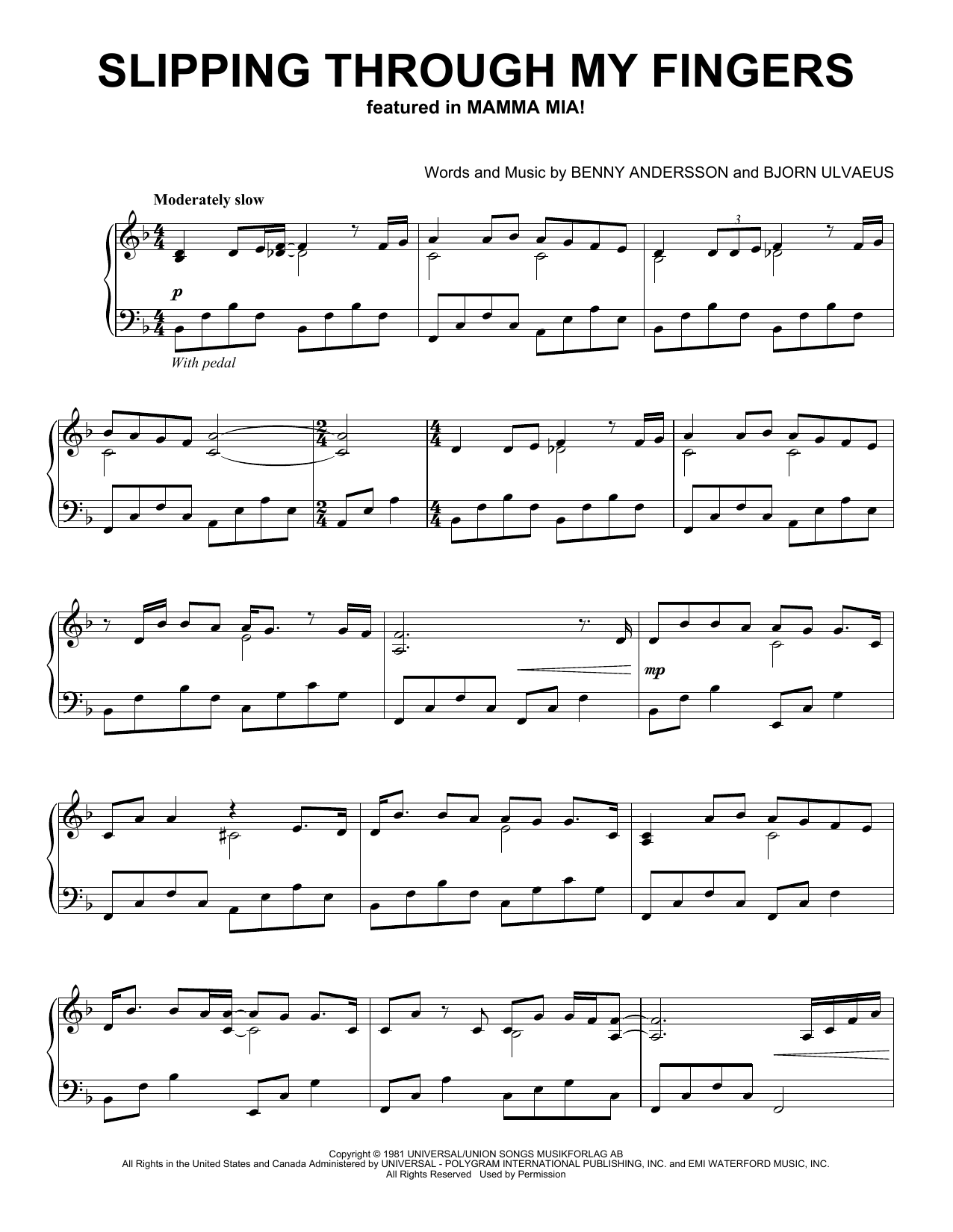 Benny Andersson & Bjorn Ulvaeus Slipping Through My Fingers (from Mamma Mia!) (Peaceful Piano Solo) sheet music notes and chords arranged for Piano Solo