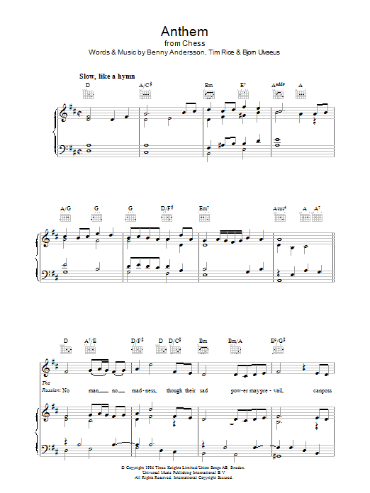 Benny Andersson Anthem (from Chess) sheet music notes and chords arranged for Piano, Vocal & Guitar Chords (Right-Hand Melody)