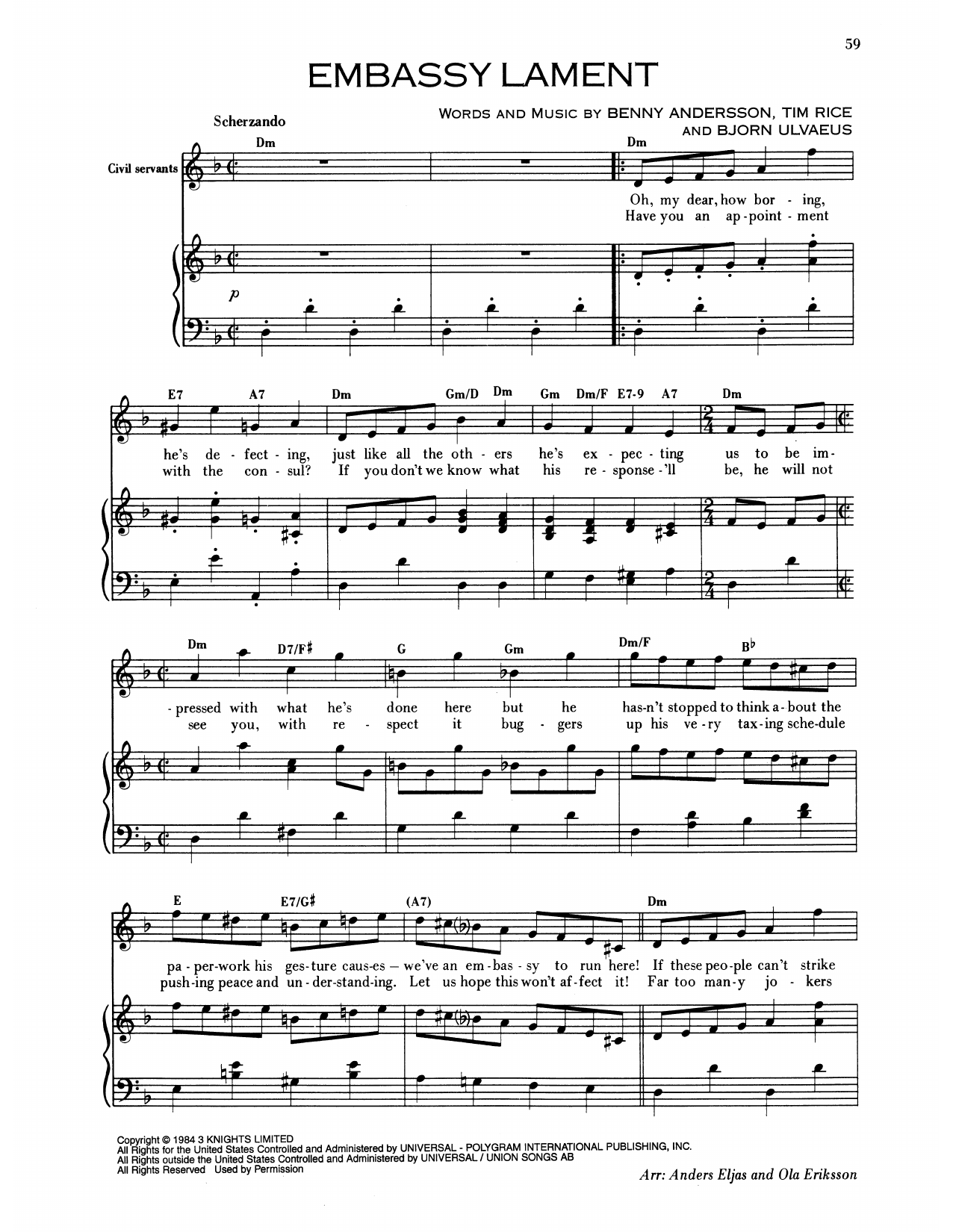 Benny Andersson Embassy Lament (from Chess) sheet music notes and chords arranged for Piano & Vocal