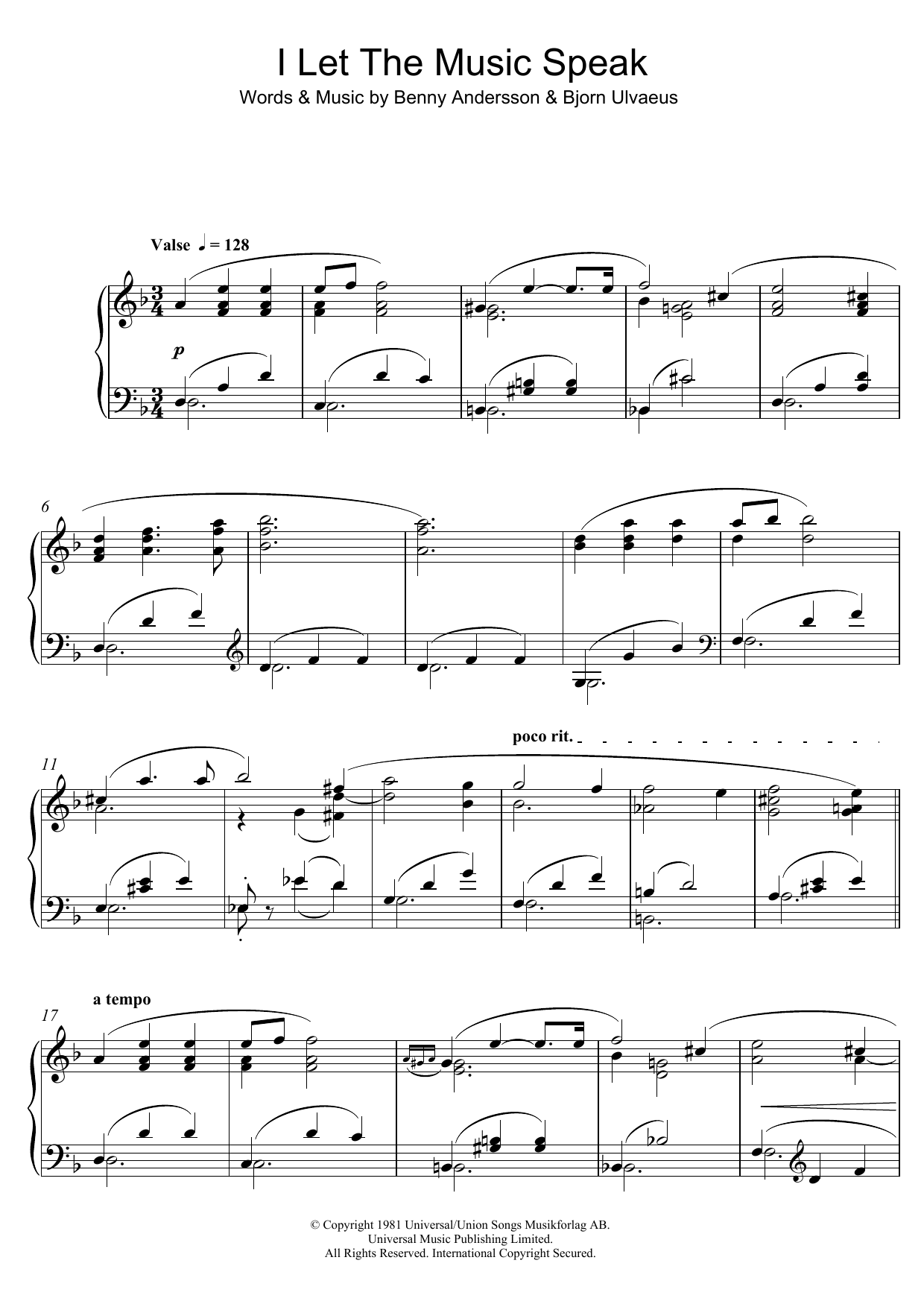 Benny Andersson I Let The Music Speak sheet music notes and chords arranged for Piano Solo