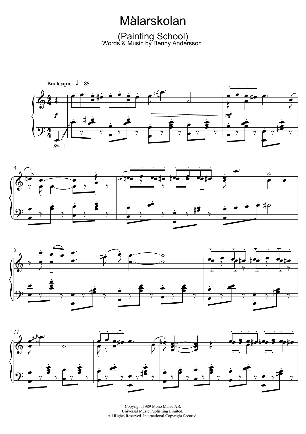 Benny Andersson Malarskolan sheet music notes and chords arranged for Piano Solo