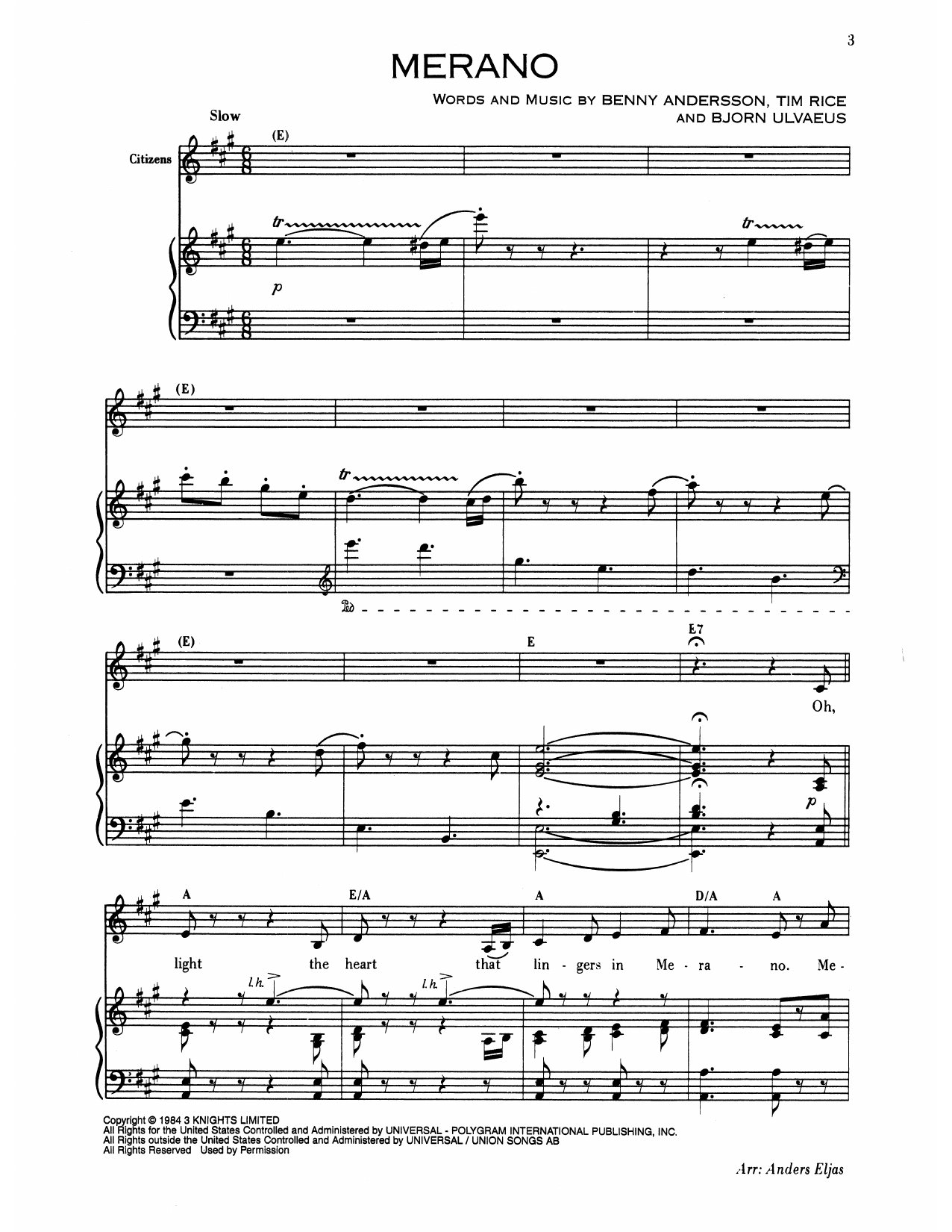 Benny Andersson Merano (from Chess) sheet music notes and chords arranged for Piano & Vocal