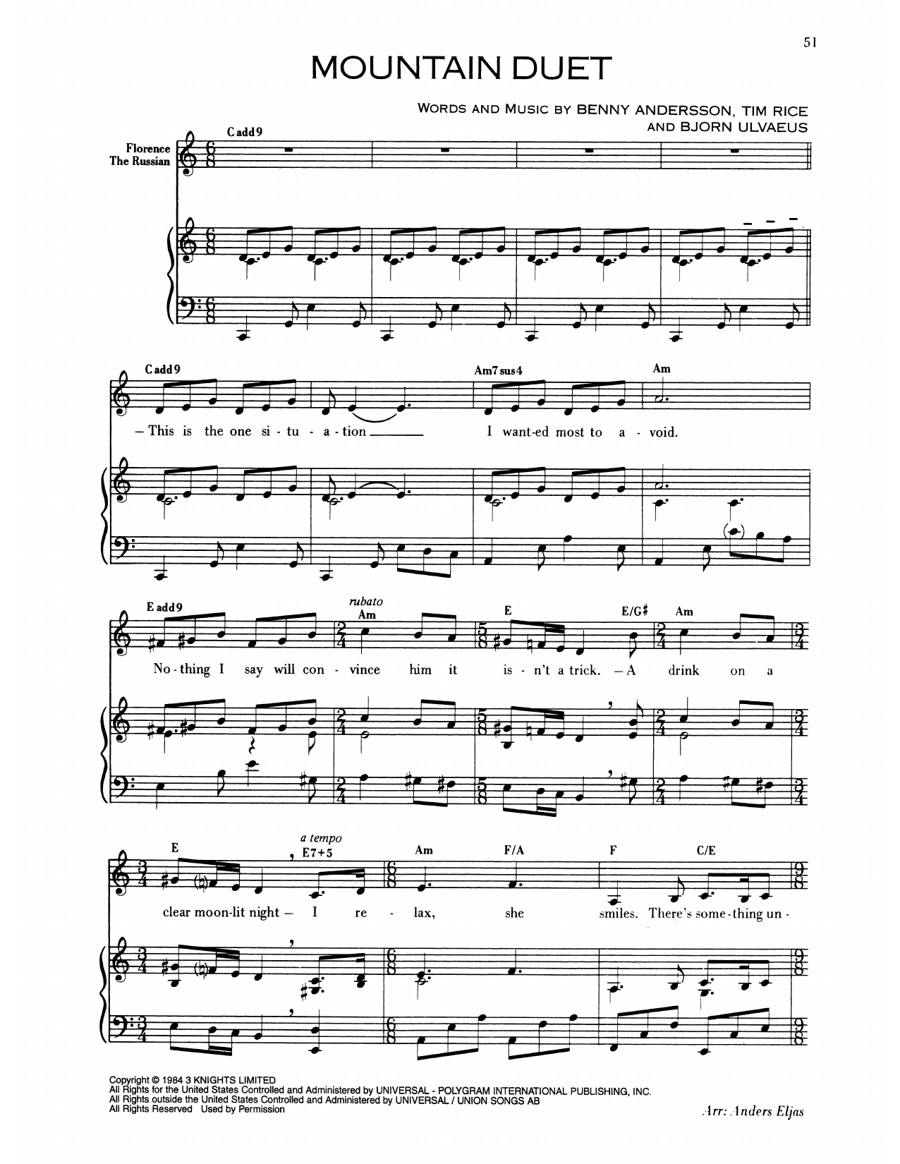 Benny Andersson Mountain Duet (from Chess) sheet music notes and chords arranged for Piano & Vocal