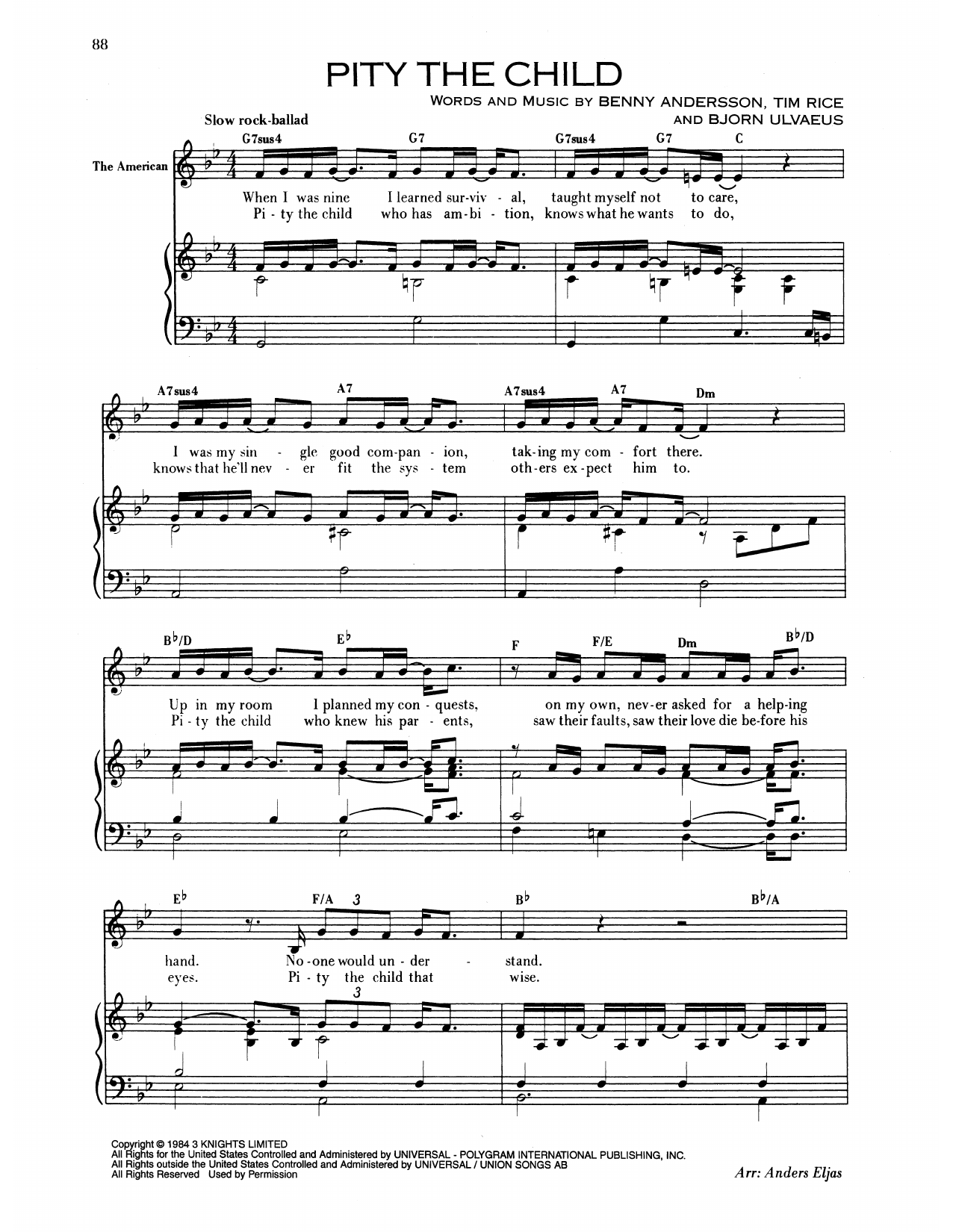 Benny Andersson Pity The Child (from Chess) sheet music notes and chords arranged for Piano & Vocal