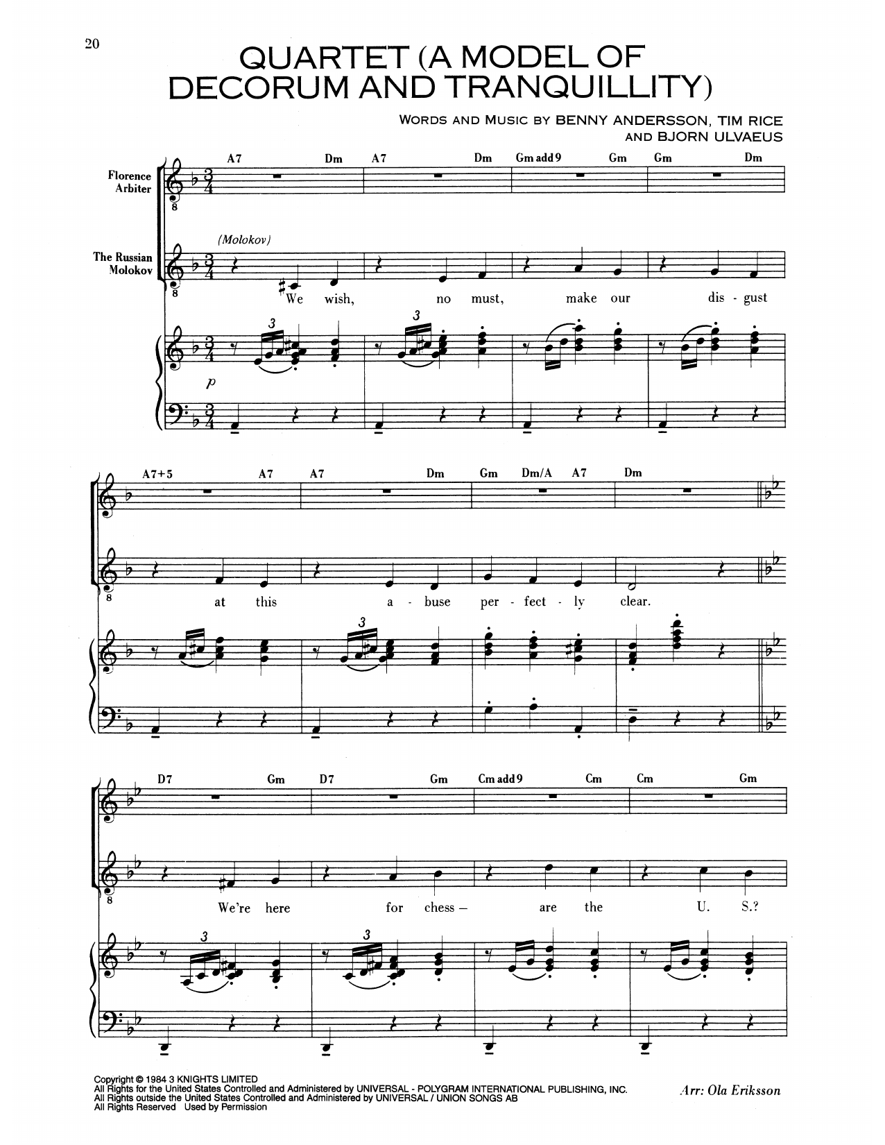 Benny Andersson Quartet (A Model Of Decorum and Tranquility) (from Chess) sheet music notes and chords arranged for Piano & Vocal