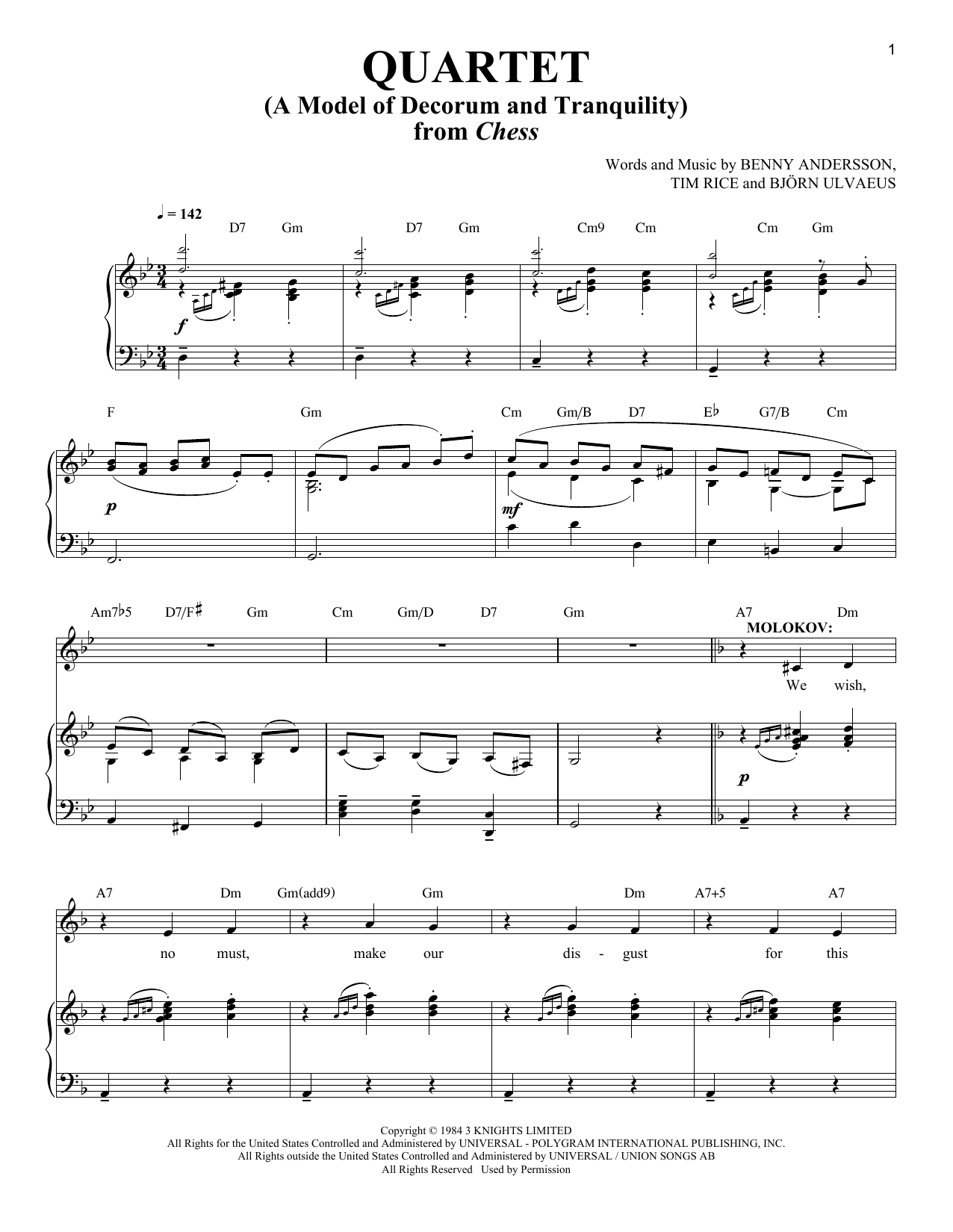 Benny Andersson Quartet (A Model Of Decorum and Tranquility) sheet music notes and chords arranged for Piano & Vocal