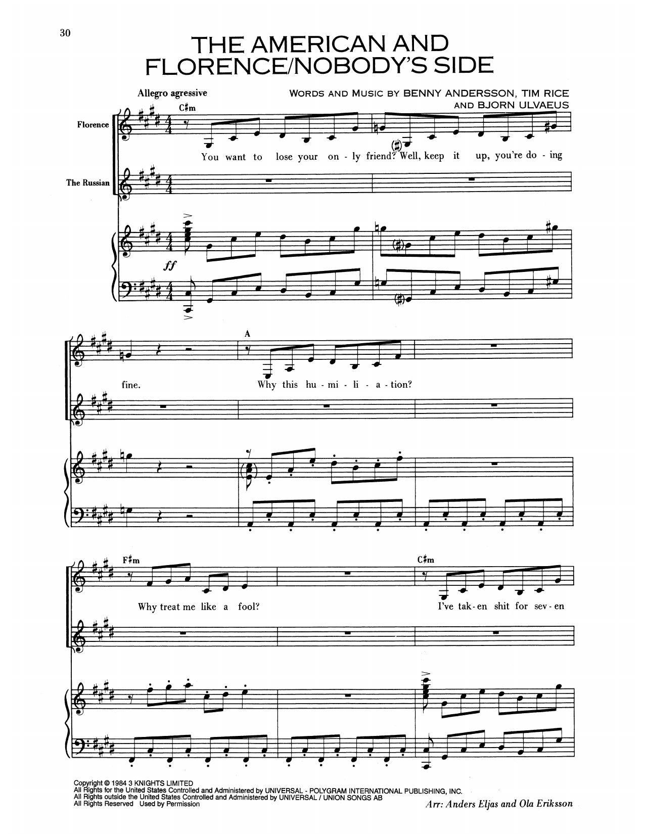 Benny Andersson The American And Florence/Nobody's Side (from Chess) sheet music notes and chords arranged for Piano & Vocal