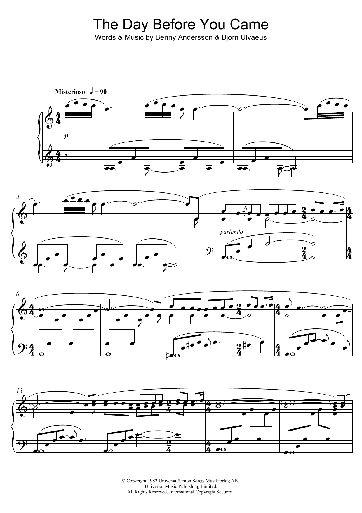 Benny Andersson The Day Before You Came sheet music notes and chords arranged for Piano Solo
