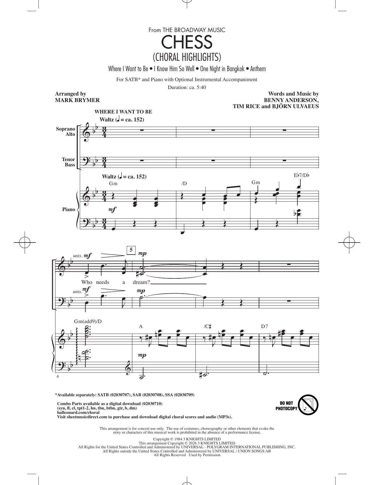 Benny Andersson, Tim Rice and Bjorn Ulvaeus Chess (Choral Highlights) (arr. Mark Brymer) sheet music notes and chords arranged for SATB Choir