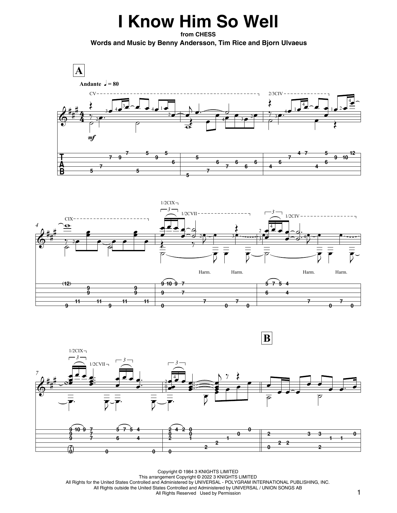 Benny Andersson, Tim Rice and Bjorn Ulvaeus I Know Him So Well (from Chess) (arr. David Jaggs) sheet music notes and chords arranged for Solo Guitar
