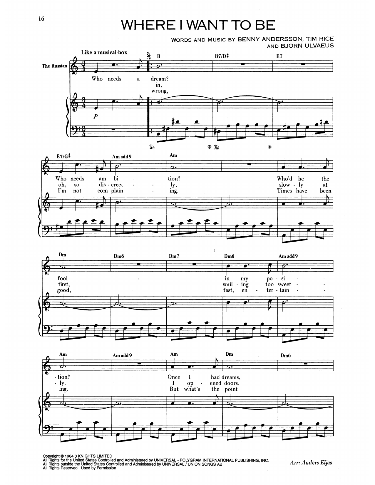 Benny Andersson Where I Want To Be (from Chess) sheet music notes and chords arranged for Piano & Vocal