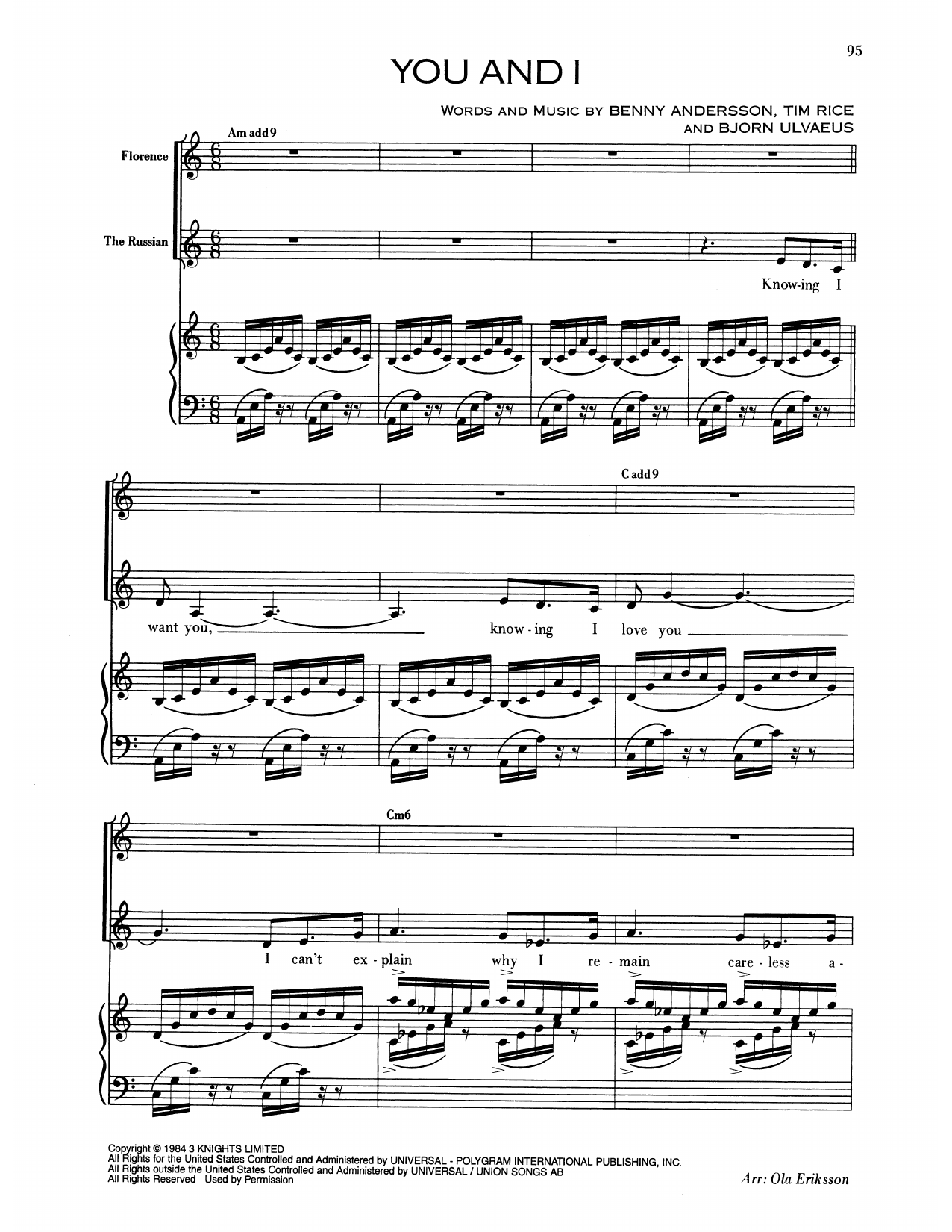 Benny Andersson You And I (from Chess) sheet music notes and chords arranged for Piano & Vocal