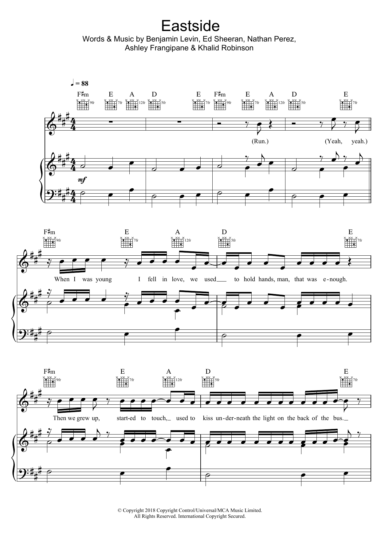 Benny Blanco Eastside sheet music notes and chords arranged for Piano, Vocal & Guitar Chords