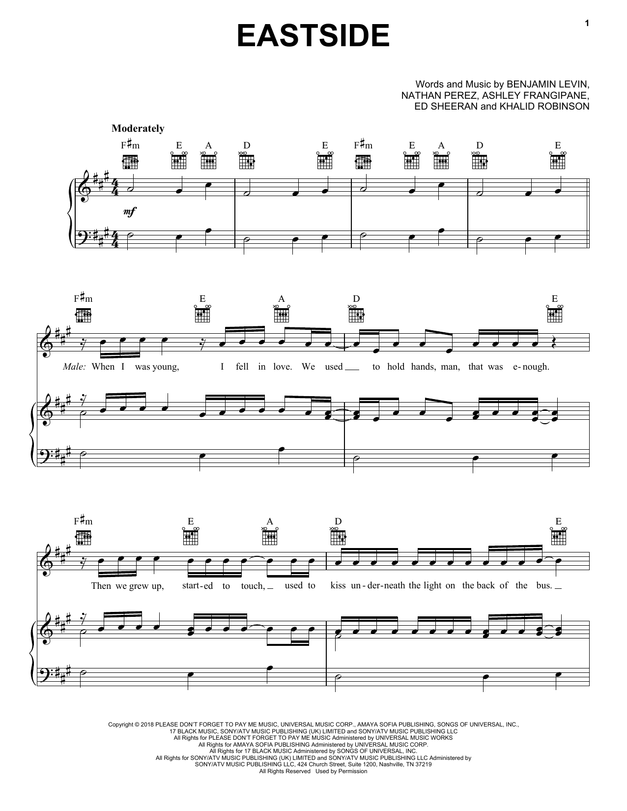 benny blanco, Halsey & Khalid Eastside sheet music notes and chords arranged for Really Easy Piano