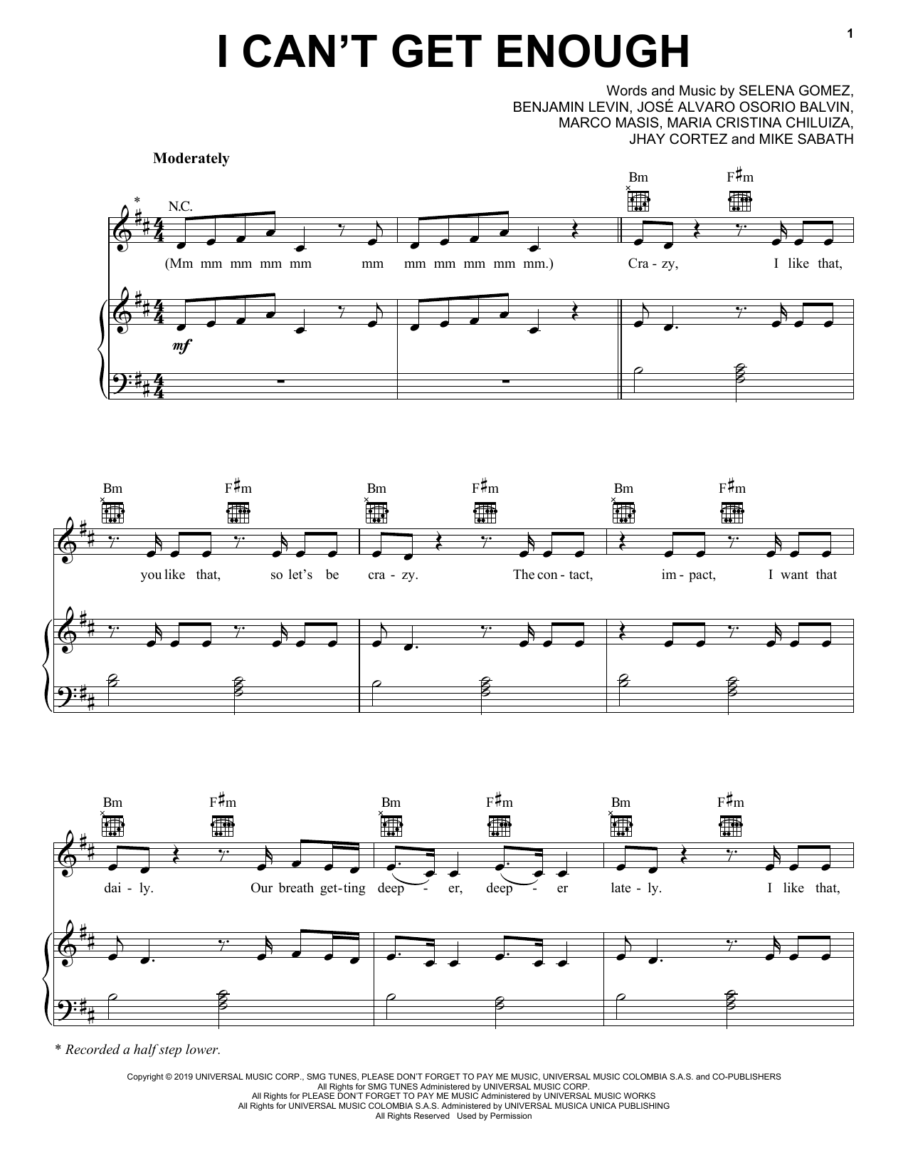 benny blanco, Selena Gomez, Tainy & J Balvin I Can't Get Enough sheet music notes and chords arranged for Piano, Vocal & Guitar Chords (Right-Hand Melody)