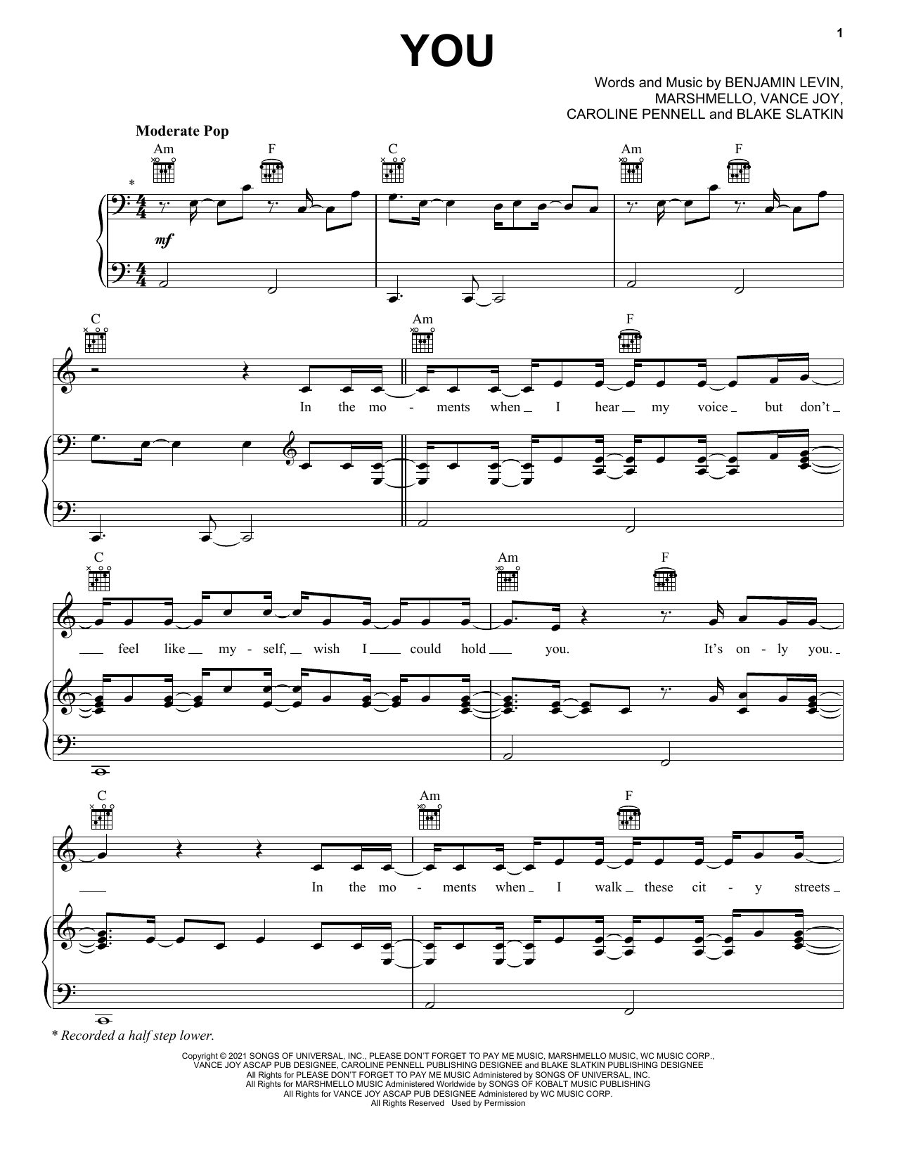 benny blanco You (with Marshmello & Vance Joy) sheet music notes and chords arranged for Piano, Vocal & Guitar Chords (Right-Hand Melody)