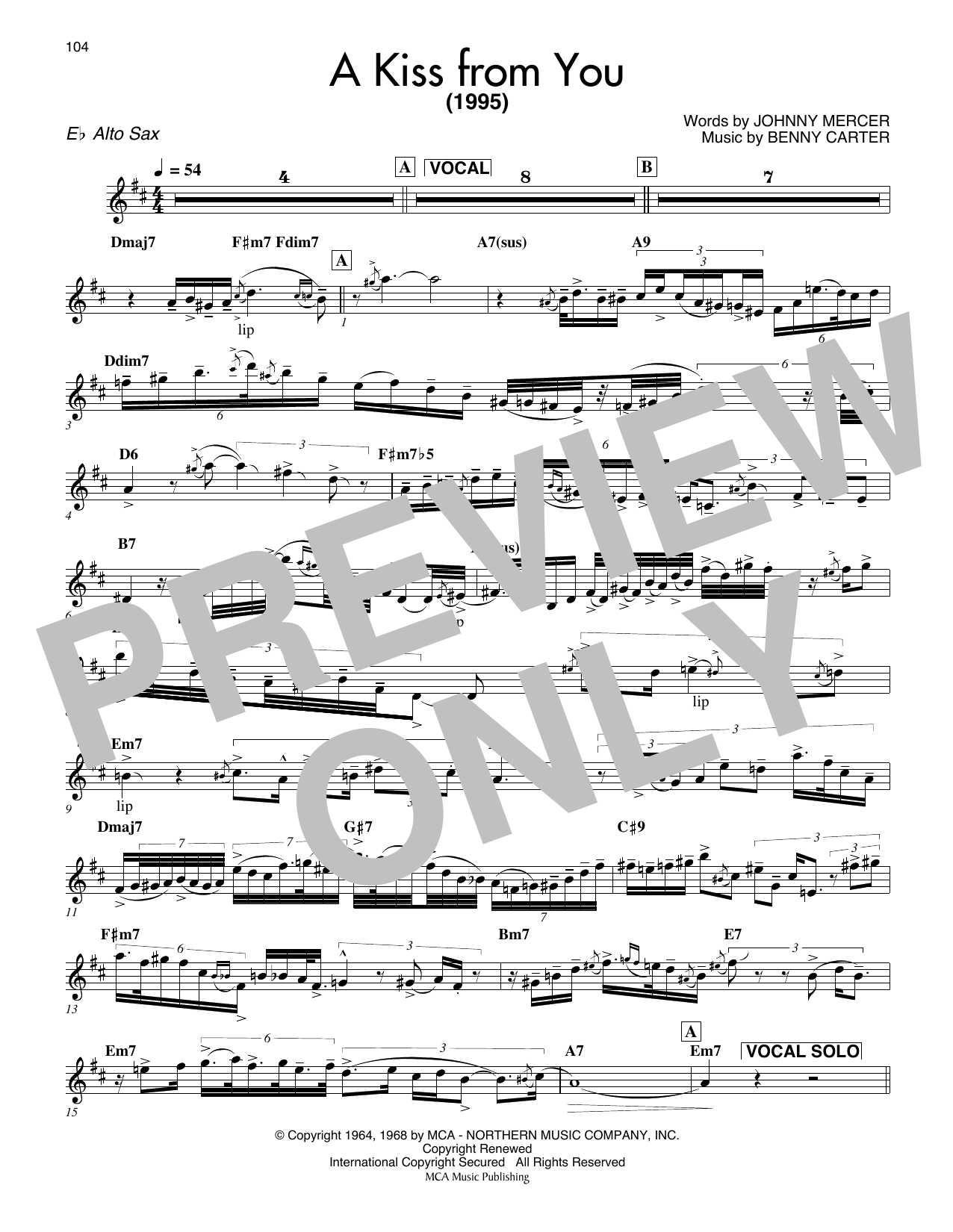 Benny Carter A Kiss From You sheet music notes and chords arranged for Alto Sax Transcription