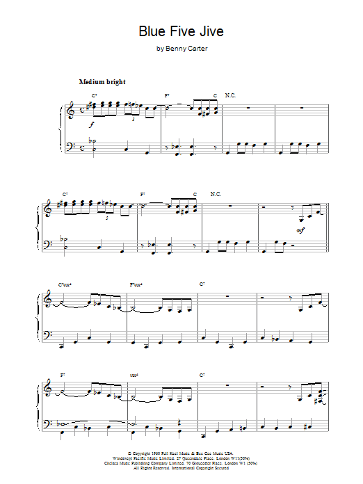 Benny Carter Blue Five Jive sheet music notes and chords arranged for Piano Solo