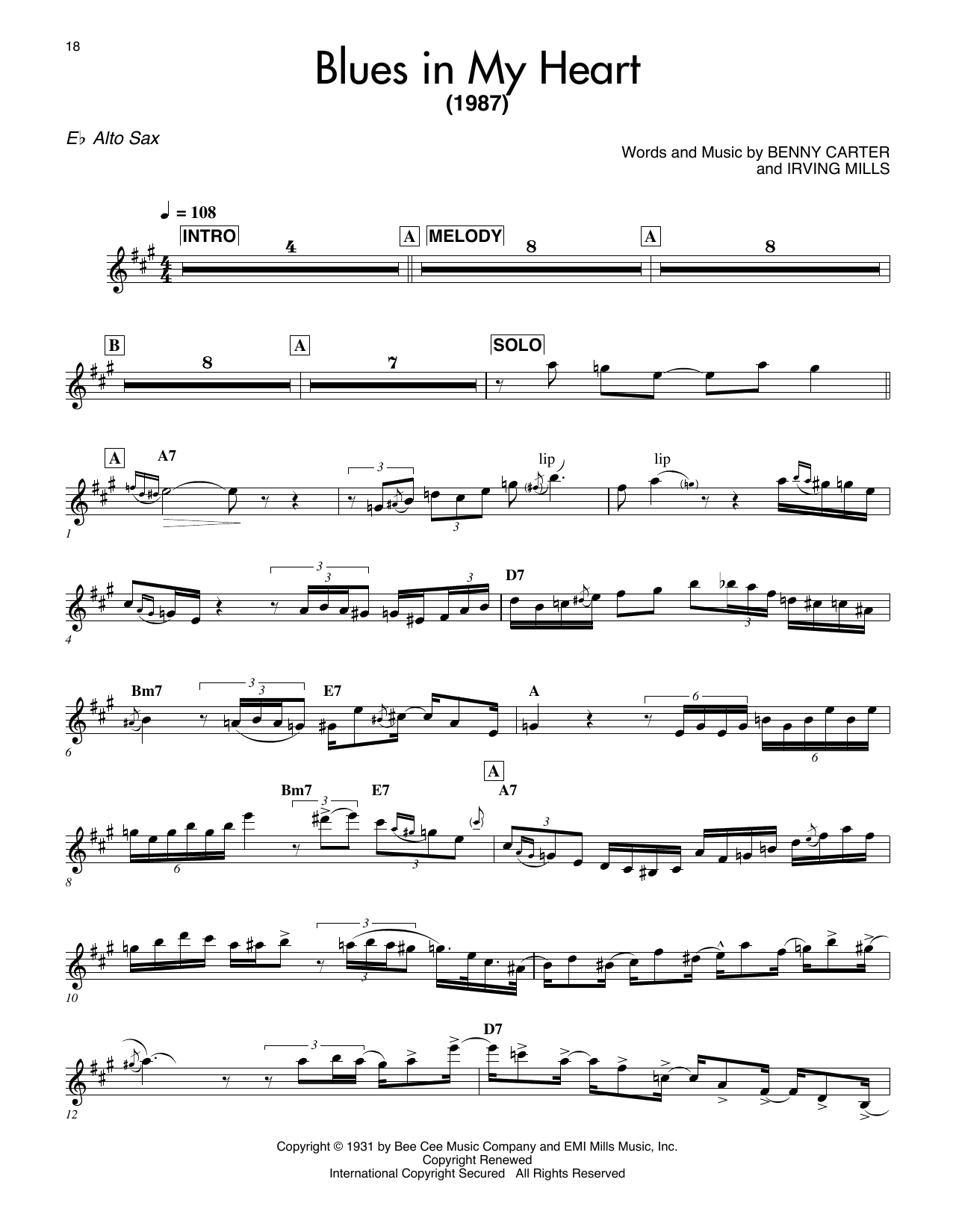 Benny Carter Blues In My Heart sheet music notes and chords arranged for Alto Sax Transcription