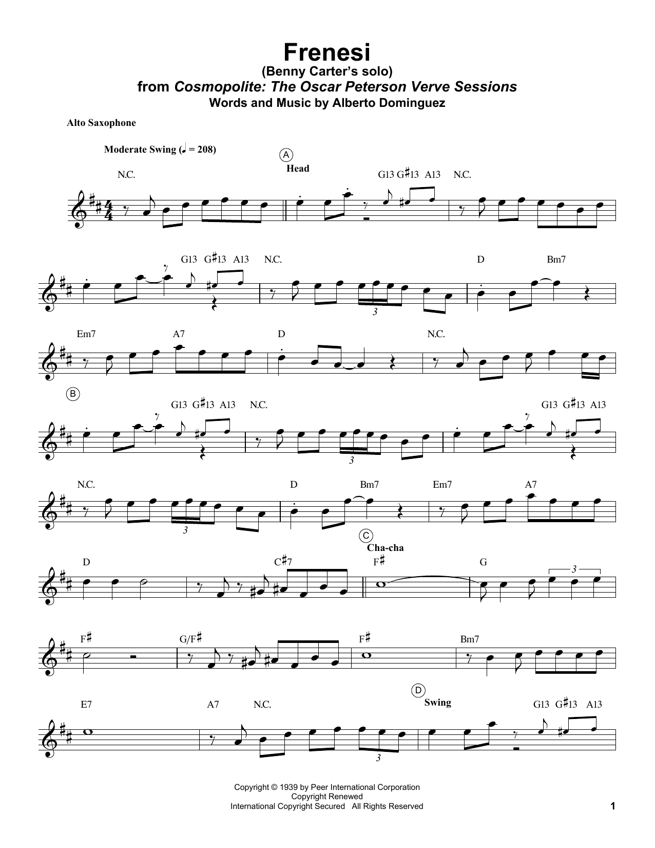 Benny Carter Frenesí sheet music notes and chords arranged for Alto Sax Transcription