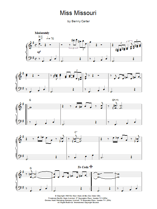 Benny Carter Miss Missouri sheet music notes and chords arranged for Piano Solo