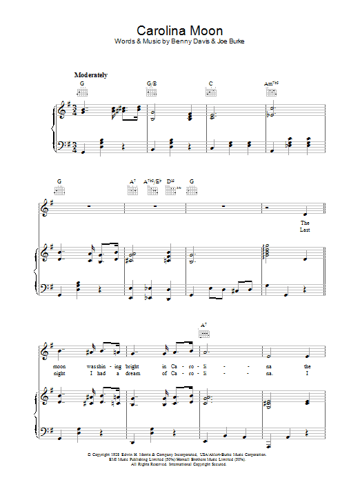 Benny Davis Carolina Moon sheet music notes and chords arranged for Piano, Vocal & Guitar Chords
