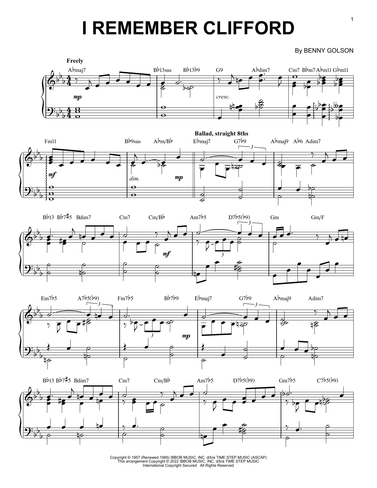 Benny Golson I Remember Clifford [Jazz version] (arr. Brent Edstrom) sheet music notes and chords arranged for Piano Solo