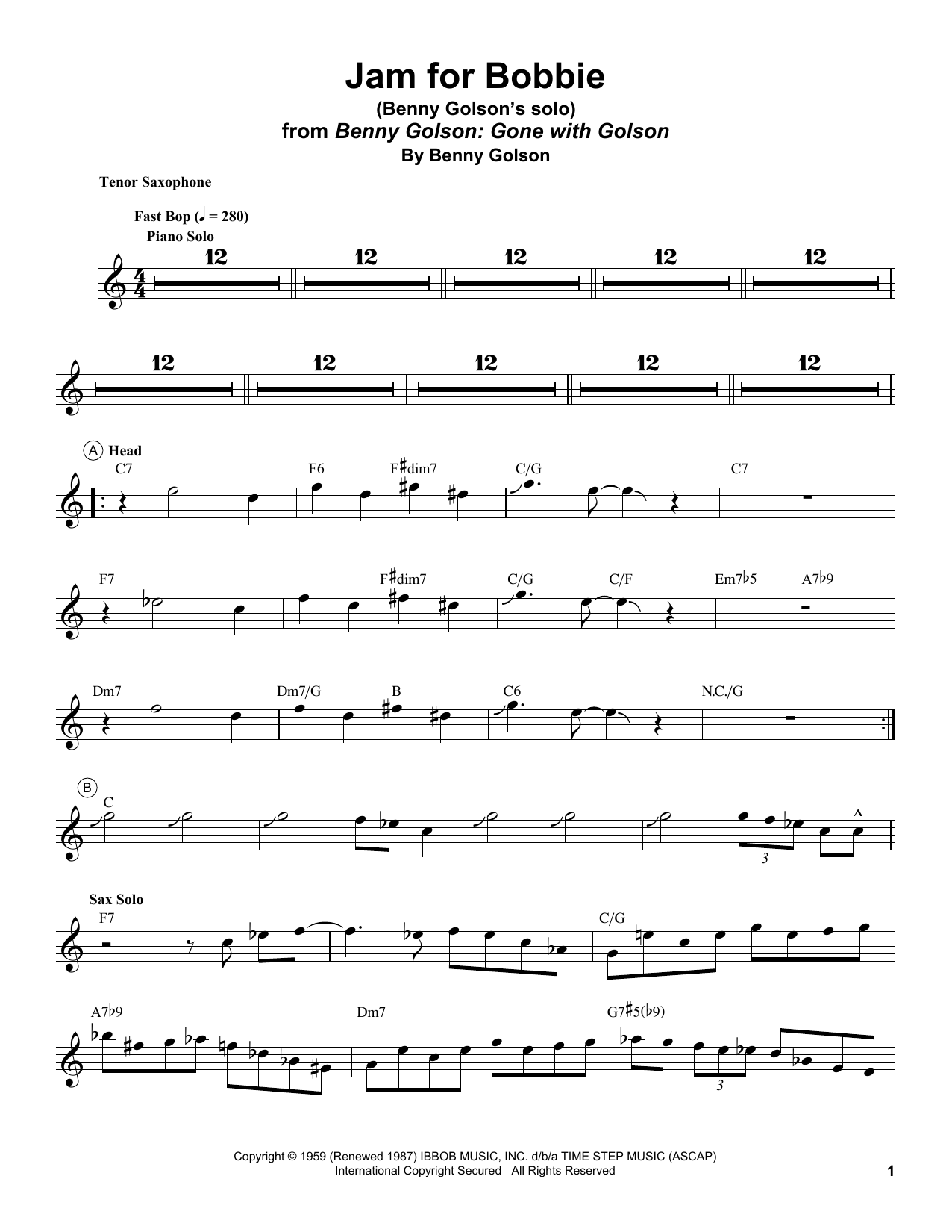Benny Golson Jam For Bobbie sheet music notes and chords arranged for Tenor Sax Transcription