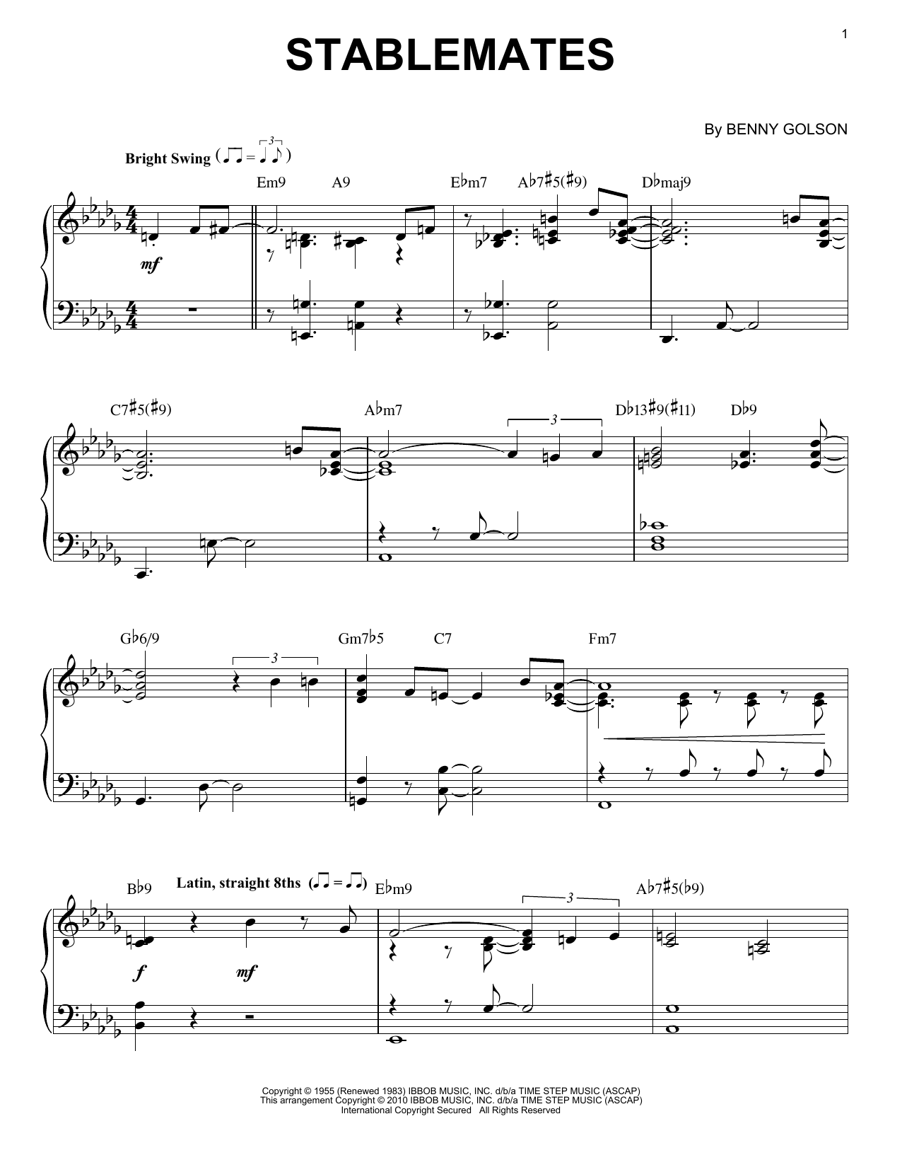 Benny Golson Stablemates (arr. Brent Edstrom) sheet music notes and chords arranged for Piano Solo