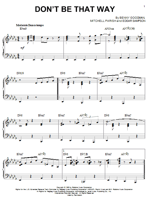 Benny Goodman Don't Be That Way sheet music notes and chords arranged for Piano Solo